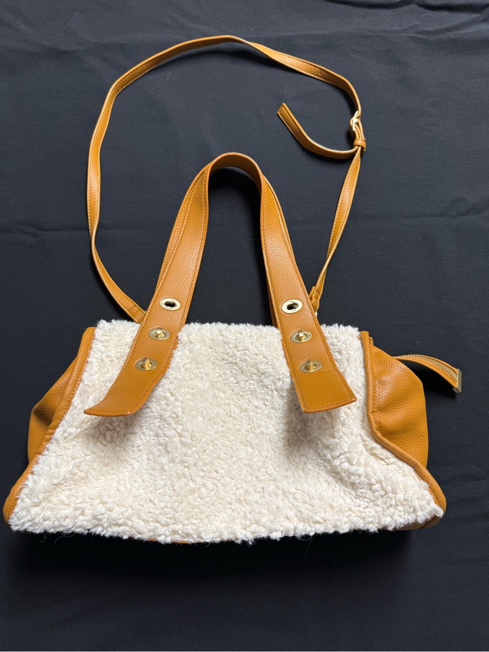 Cream Sherpa Shoulder Bag with Tan Leather Trim